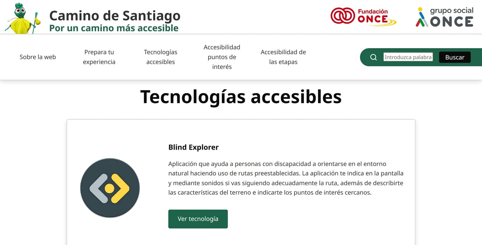 Fundación ONCE 朝聖之路無障礙網站的「無障礙科技」頁面，列出 Blind Explorer