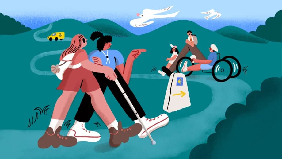 Camino + Accesible 明信片插畫：兩位女性手臂相挽走在路上，其中一位持白手杖；右側有手搖車騎士與同行者，路旁立著扇貝與黃箭頭的路標