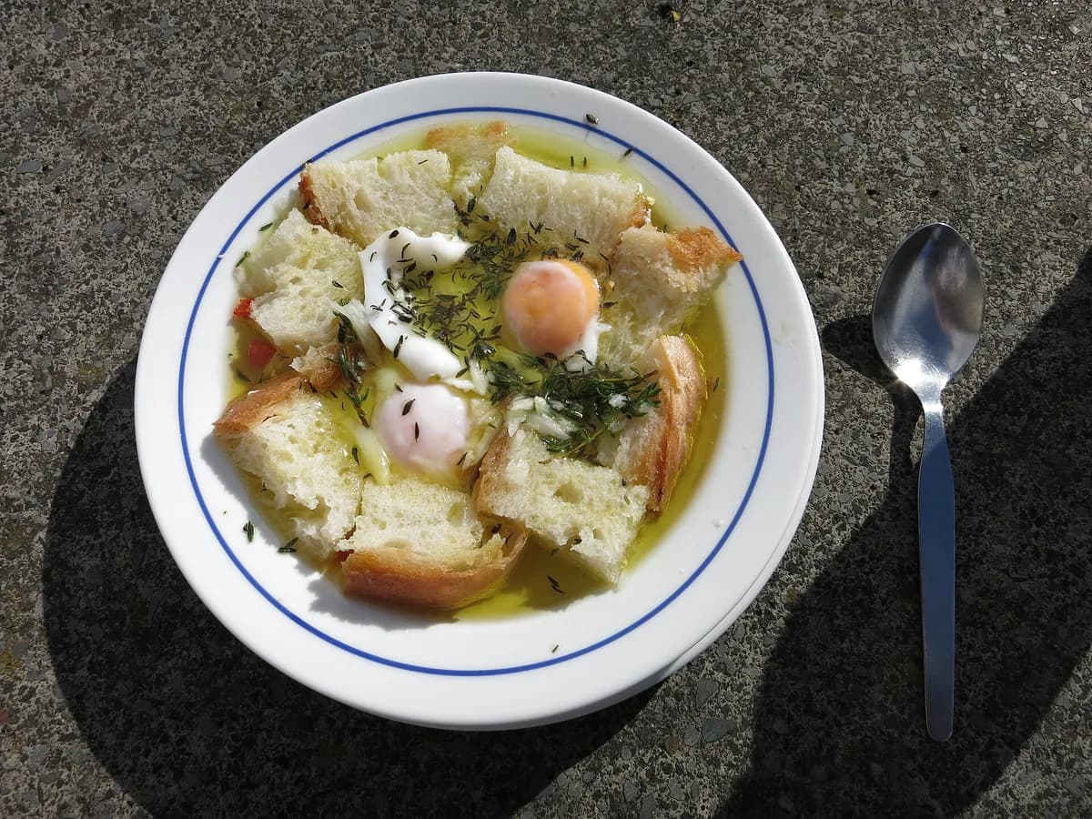 一碗麵包湯，湯裡是撕塊的麵包和兩顆水波蛋，浮著橄欖油與香草