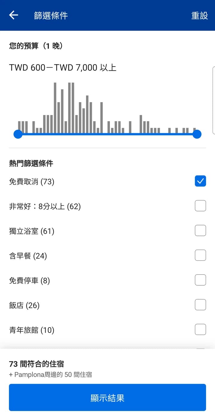 Booking 的篩選條件頁，熱門篩選條件裡的免費取消已勾選，下方顯示 73 間符合的住宿