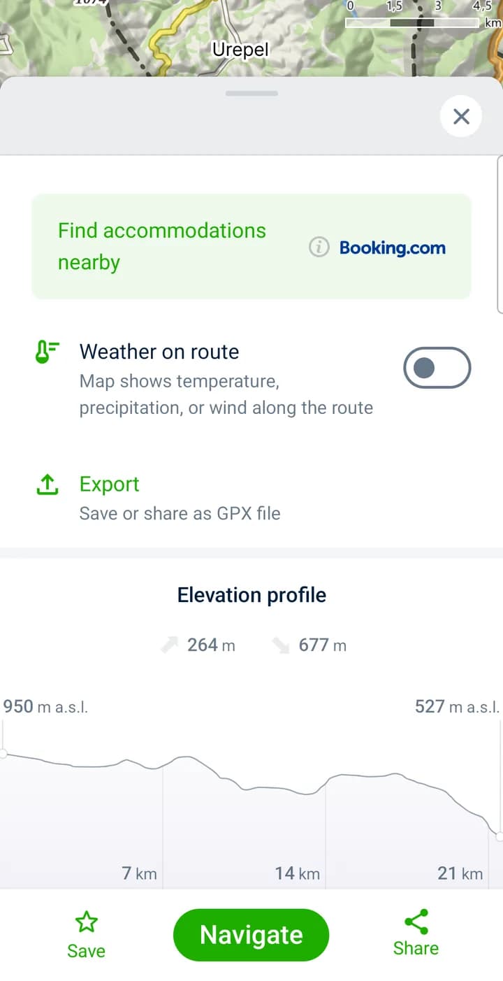 Mapy 路線面板，有 Weather on route 開關、Export 匯出 GPX，以及上坡 264 公尺、下坡 677 公尺的高度剖面圖