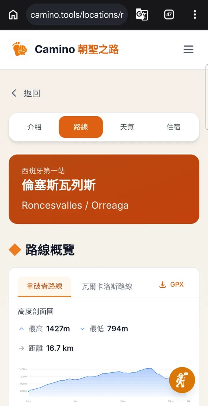 本站倫塞斯瓦列斯城鎮頁的路線分頁，路線概覽右上角有 GPX 下載按鈕