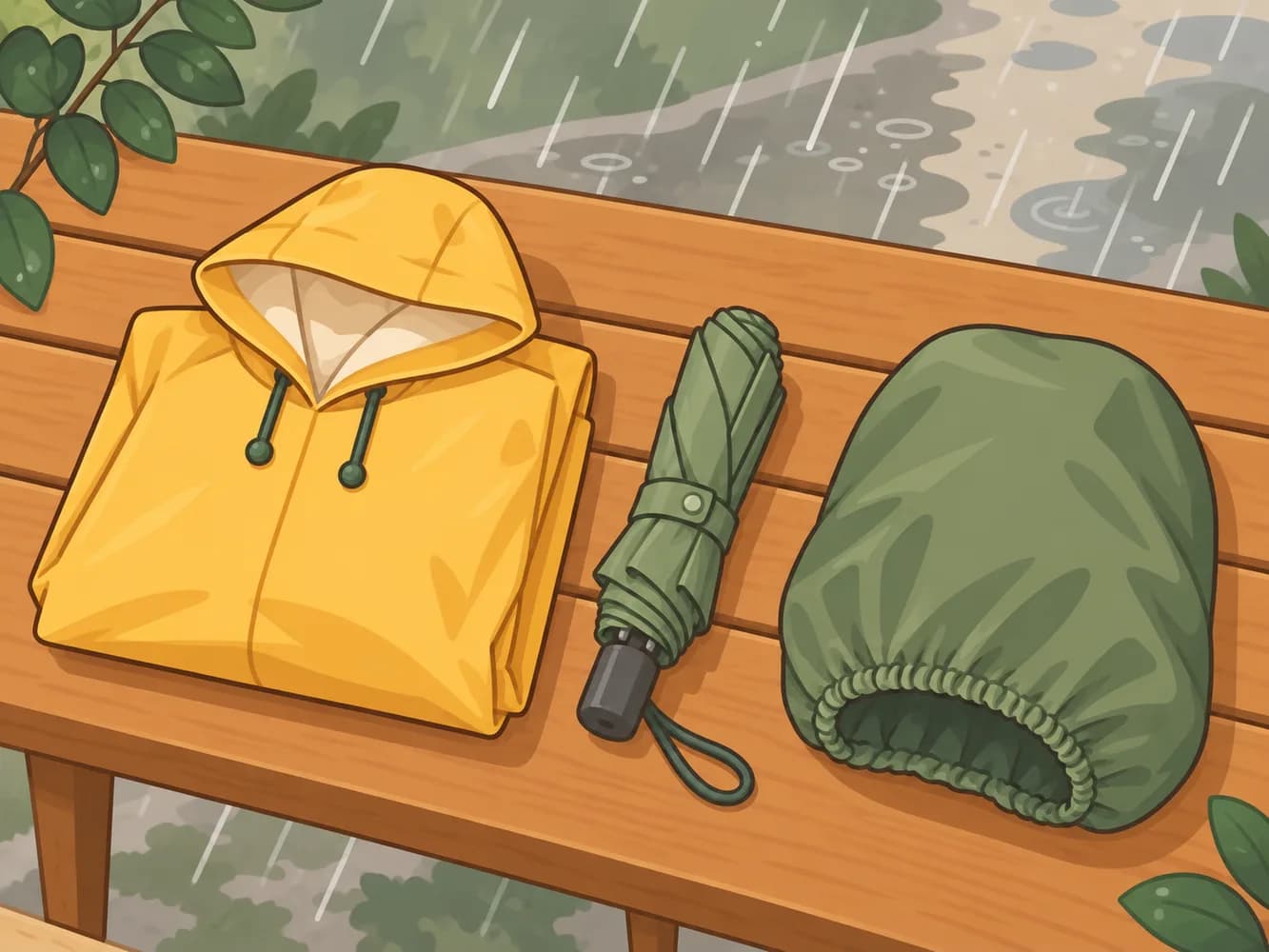 插圖：長椅上並排的雨衣、折疊傘和背包防雨罩（AI 生成）